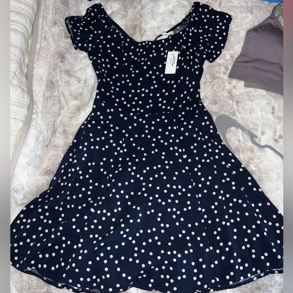 Socialite dress, off shoulder or on, navy blue, white polka dots, size s